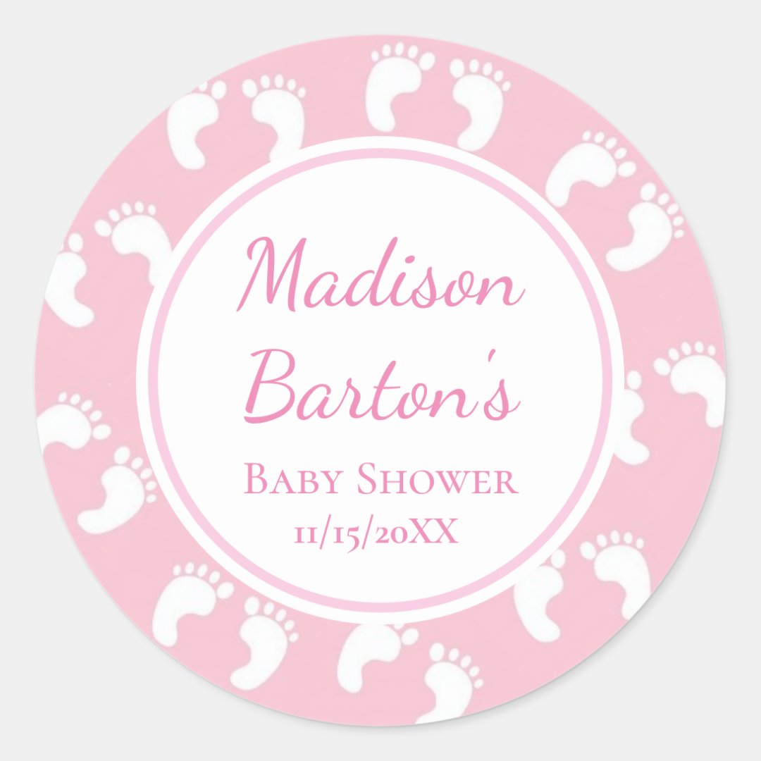 Cute Pink Baby Footprints Custom Girl Baby Shower Classic Round Sticker ...