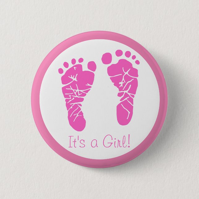 Cute Pink Baby Footprints Its a Girl Baby Shower Button (Front)