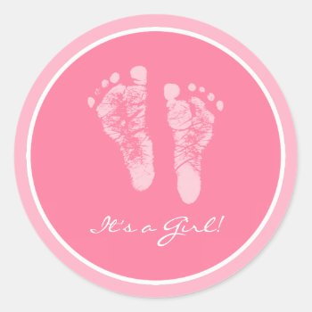 Cute Pink Baby Footprints Its A Girl Baby Shower Classic Round Sticker by PhotographyTKDesigns at Zazzle