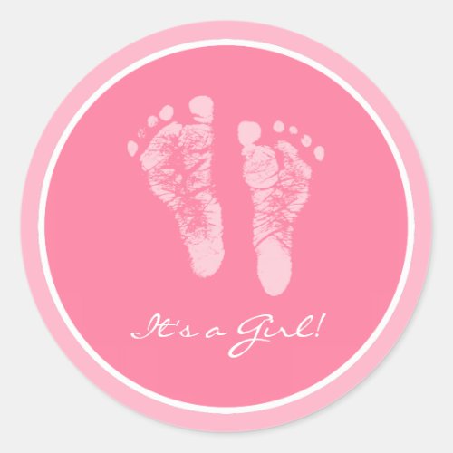 Cute Pink Baby Footprints Its a Girl Baby Shower Classic Round Sticker