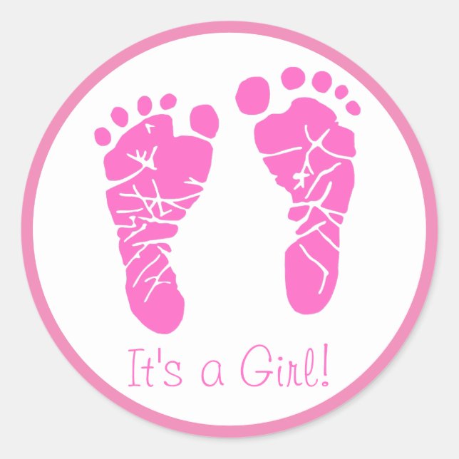 Cute Pink Baby Footprints Its a Girl Baby Shower Classic Round Sticker (Front)
