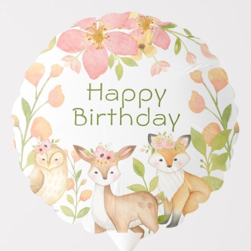Cute Pink Baby Forest Animals Happy Birthday Balloon