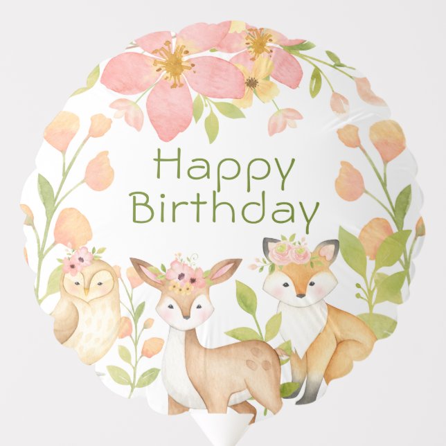 Cute Pink Baby Forest Animals Happy Birthday Balloon (Front)