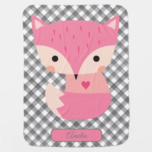 Cute Pink Baby Fox Grey Plaid Tartan Custom  Baby Blanket