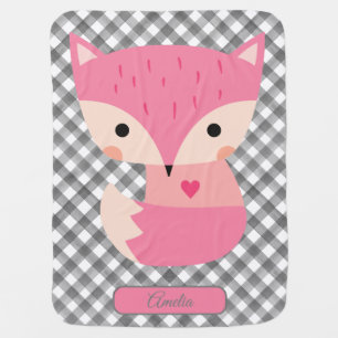 Cute Pink Baby Fox Grey Plaid Tartan Custom  Blanket