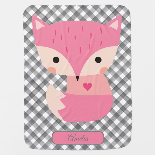 Cute Pink Baby Fox Grey Plaid Tartan Custom  Blanket (Front)