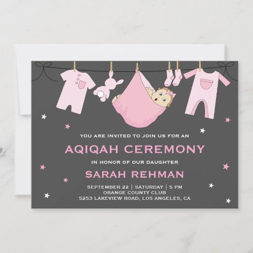 Cute Pink Baby Girl Aqiqah Invitation