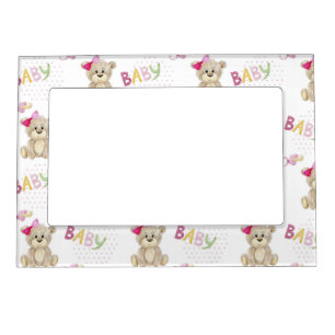 CUTE PINK BABY GIRL BEAR WITH BOWS MAGNETIC FRAME