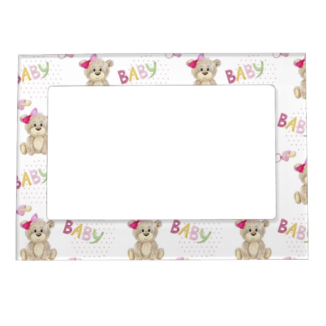 CUTE PINK BABY GIRL BEAR WITH BOWS MAGNETIC FRAME (Front)