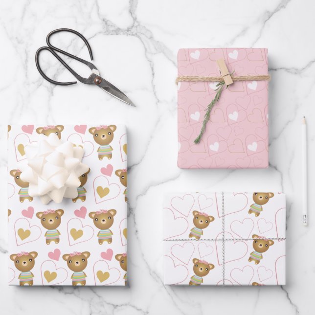 Cute Pink Baby Girl Bear Wrapping Paper Sheets (Front)