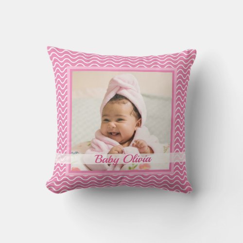 Cute Pink Baby Girl Birth Stats Photo Keepsake Throw Pillow