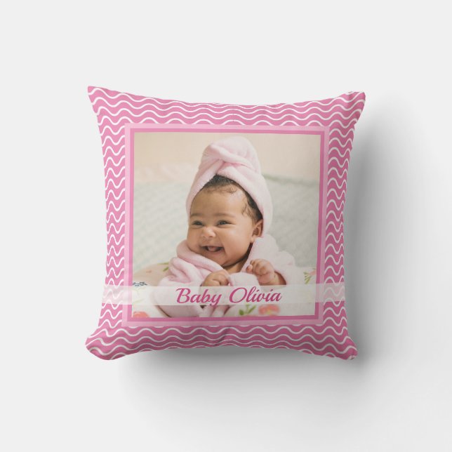Cute Pink Baby Girl Birth Stats Photo Keepsake Throw Pillow (Front)