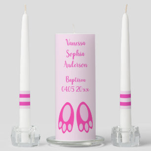 Cute Pink Baby Girl Bunny Feet Easter Baptism Unity Candle Set