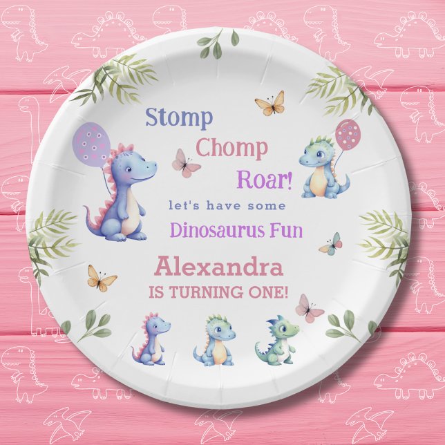Cute Pink Baby Girl Dinosaur 1st Birthday Paper Plates (Creator Uploaded)