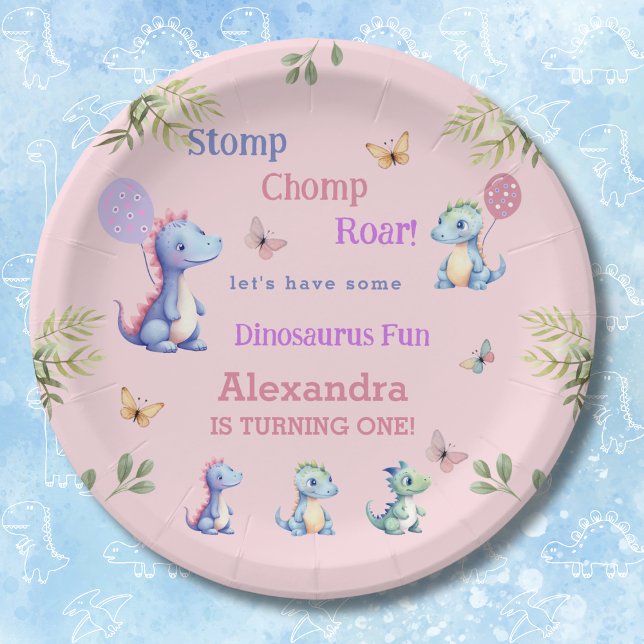 Cute Pink Baby Girl Dinosaur 1st Birthday Paper Plates (Creator Uploaded)