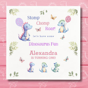 Cute Pink Baby Girl Dinosaur 1st Birthday Party Napkins