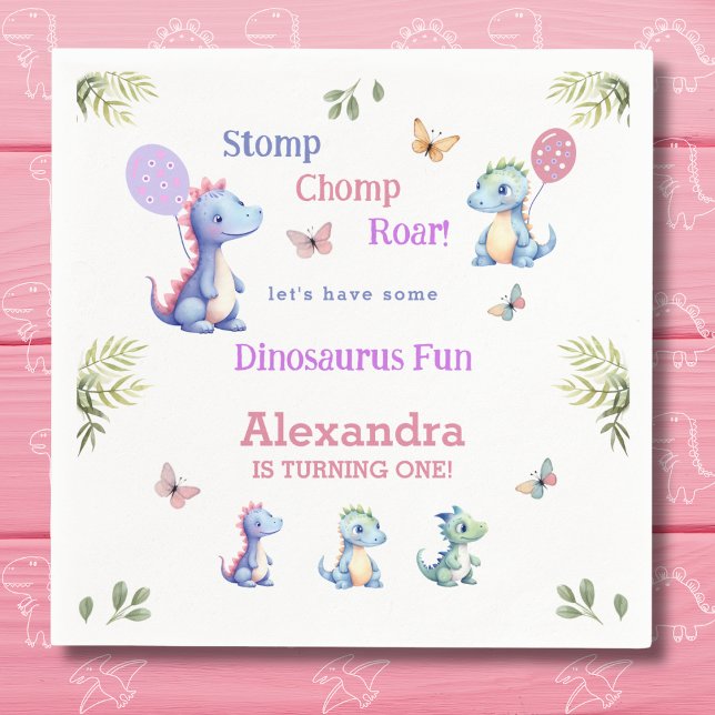 Cute Pink Baby Girl Dinosaur 1st Birthday Party Napkins (Creator Uploaded)