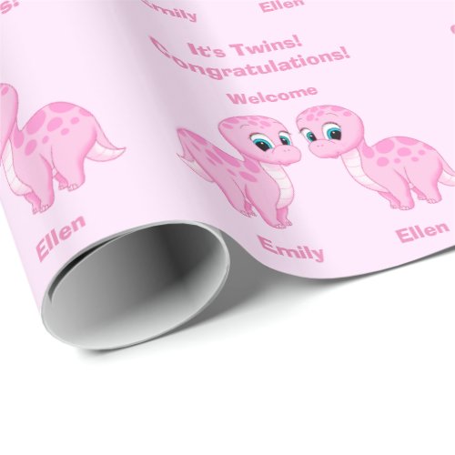 Cute Pink Baby Girl Dinosaur Wrapping Paper
