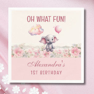 Cute Pink Baby Girl Elephant 1st Birthday Party Napkins