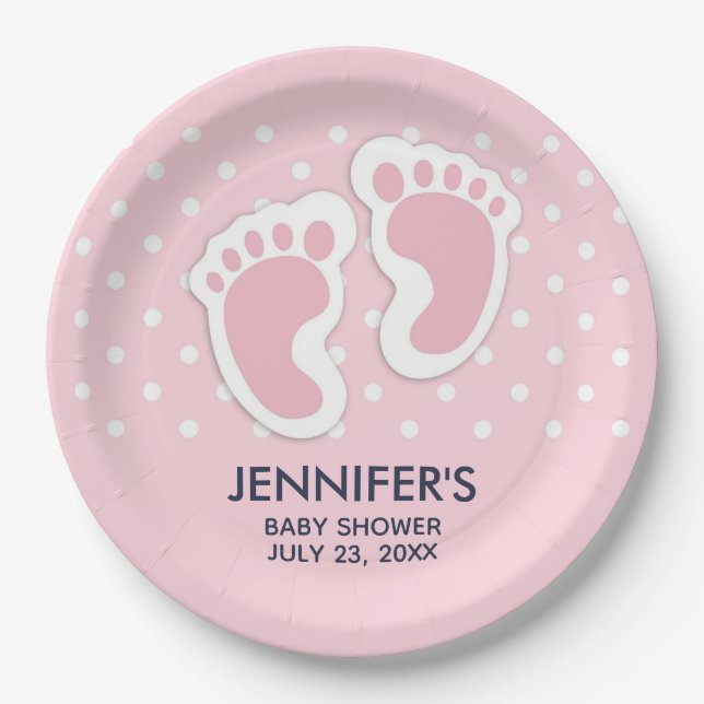 Cute Pink baby Girl Footprints Baby Shower Paper Plates (Front)