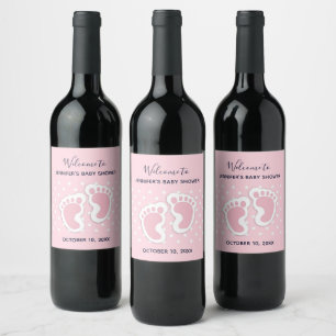Cute Pink baby Girl Footprints Baby Shower Wine Label