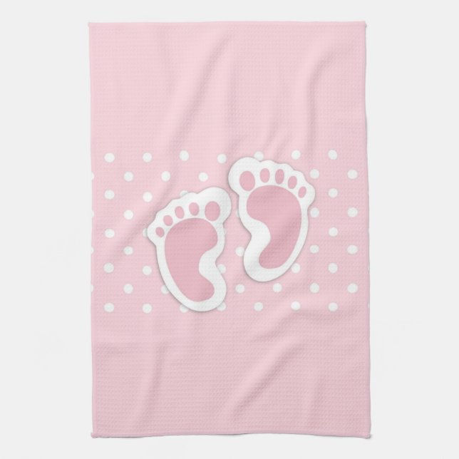 Cute Pink Baby Girl Footprints Kitchen Towel (Vertical)
