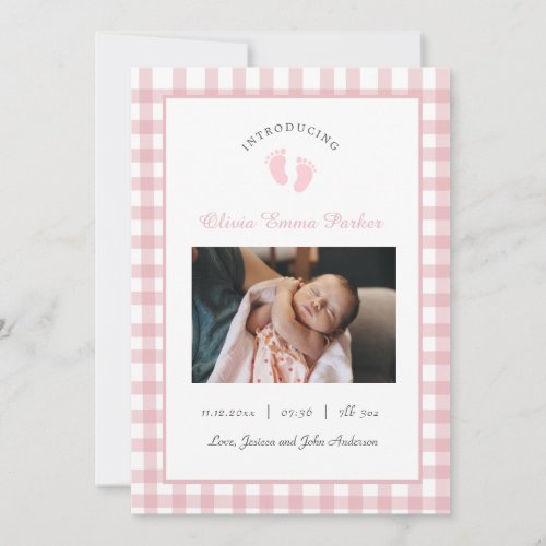 Cute Pink Baby Girl footprints Photo Birth Announcement