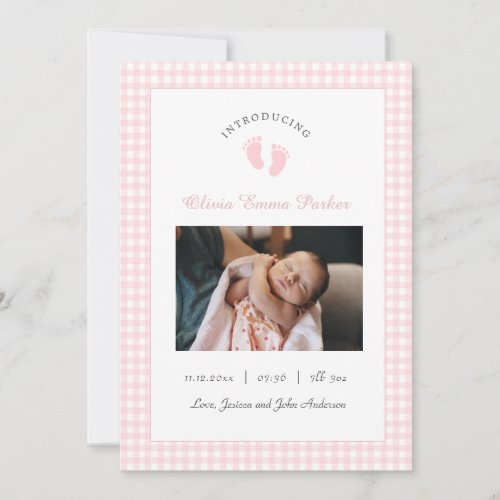 Cute Pink Baby Girl footprints Photo Birth Announcement