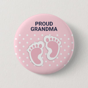Cute Pink Baby Girl Footprints Proud Grandma Button