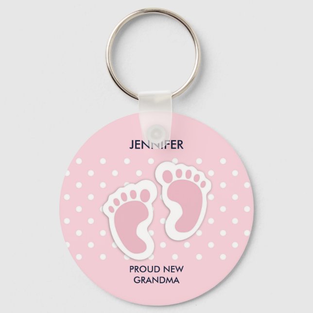 Cute Pink Baby Girl Footprints Proud Grandma Keychain (Front)