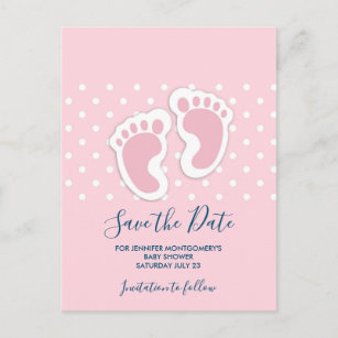 Cute Pink baby Girl Footprints Save the Date Postcard