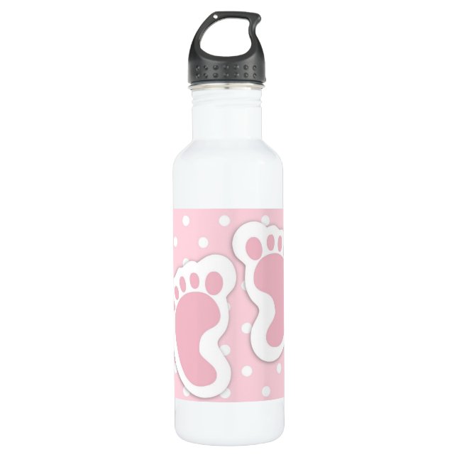 Cute Pink baby Girl Footprints Stainless Steel Water Bottle (Front)