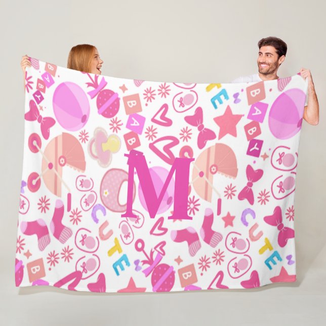Cute Pink Baby Girl Nursery Pattern personalized Fleece Blanket (In Situ)