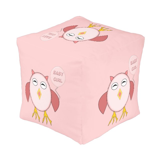 Cute Pink Baby Girl Owl Cube Pouf (Angled Back)