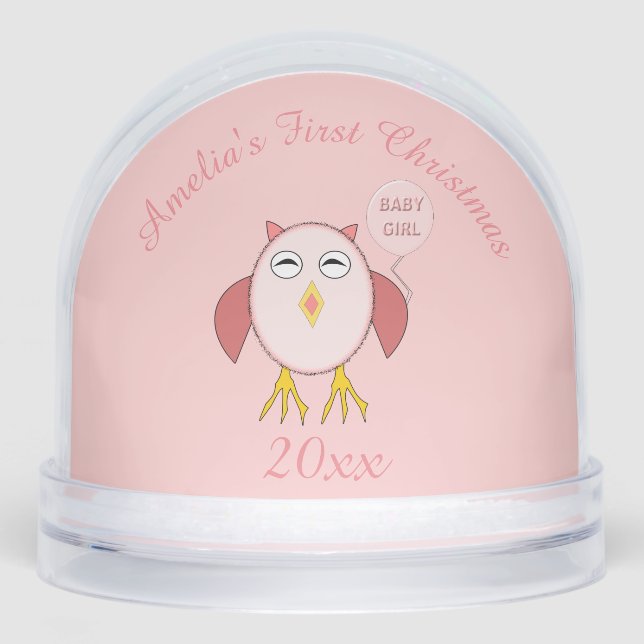 Cute Pink Baby Girl Owl Custom First Christmas Snow Globe (Front)
