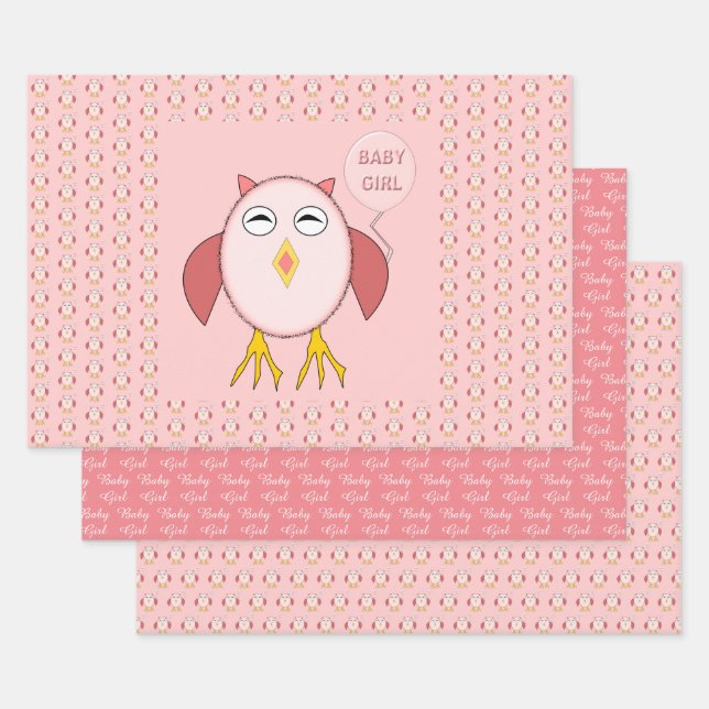 Cute Pink Baby Girl Owl Custom Wrapping Paper Sheets (Set)
