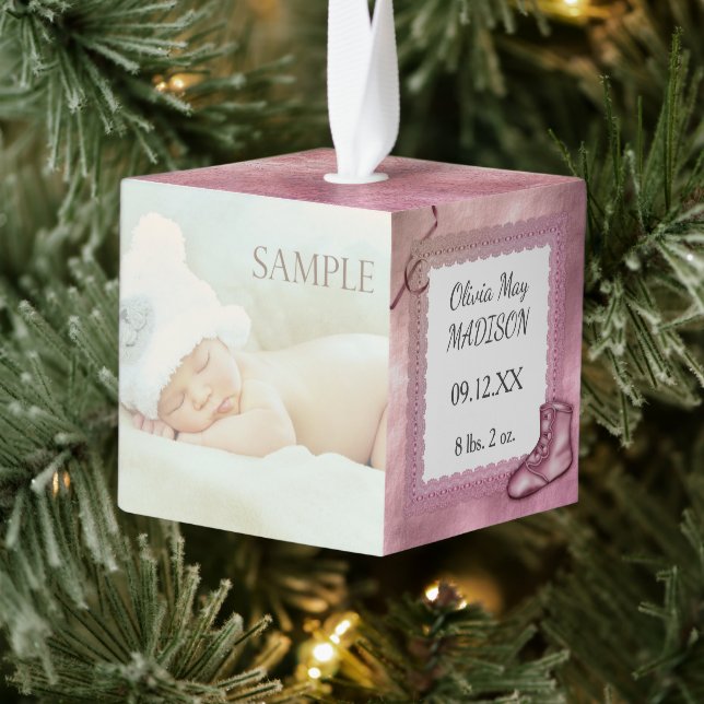 Cute Pink Baby Girl Photo Template Cube Ornament (Tree)