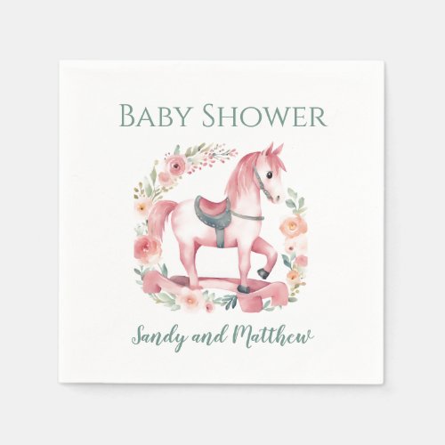 Cute Pink Baby Girl Rocking Horse Party Napkins