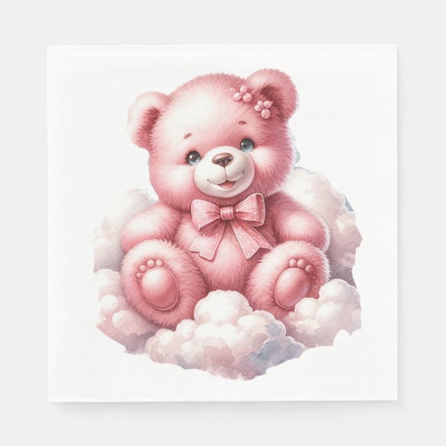 CUTE PINK BABY GIRL TEDDY BEAR ON A CLOUD NAPKINS (Front)