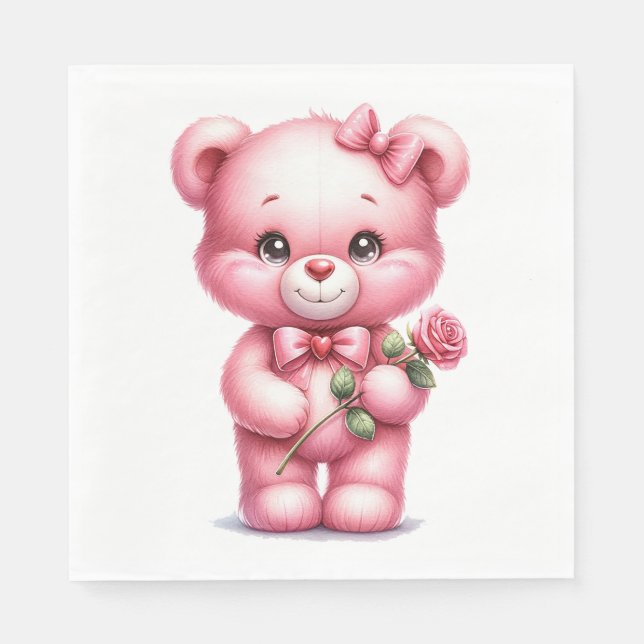 CUTE PINK BABY GIRL TEDDY BEAR WITH ROSE NAPKINS (Front)