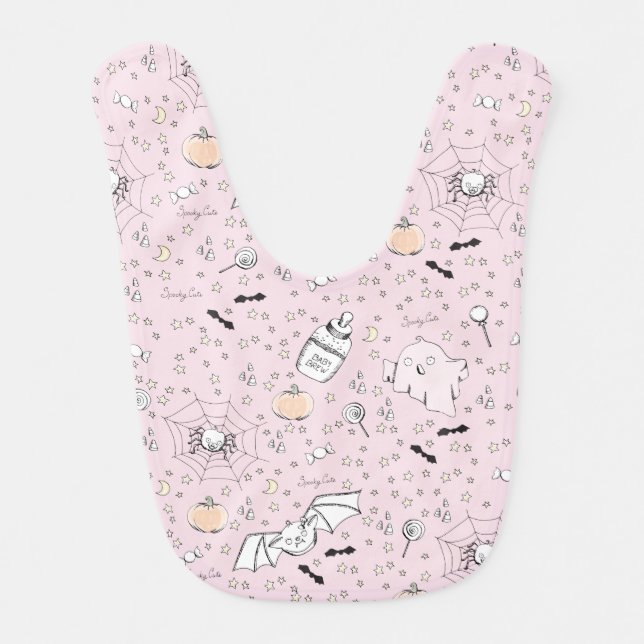 Cute Pink Baby Halloween Ghost, Bat & Pumpkin Baby Bib (Front)