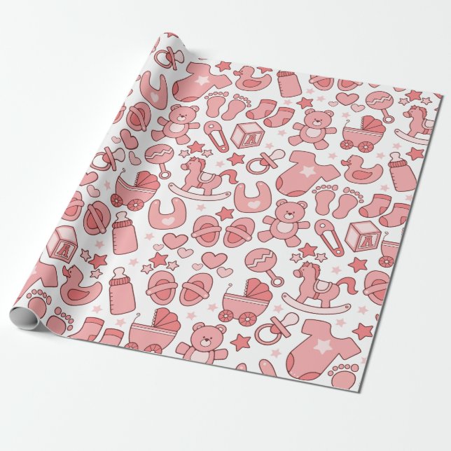 Cute Pink Baby Item Pattern Wrapping Paper (Unrolled)