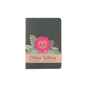 CUTE PINK BABY JUNGLE LION LEAVES FOLIAGE GIFT KID PASSPORT HOLDER