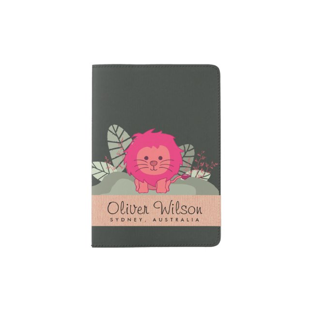 CUTE PINK BABY JUNGLE LION LEAVES FOLIAGE GIFT KID PASSPORT HOLDER (Front)