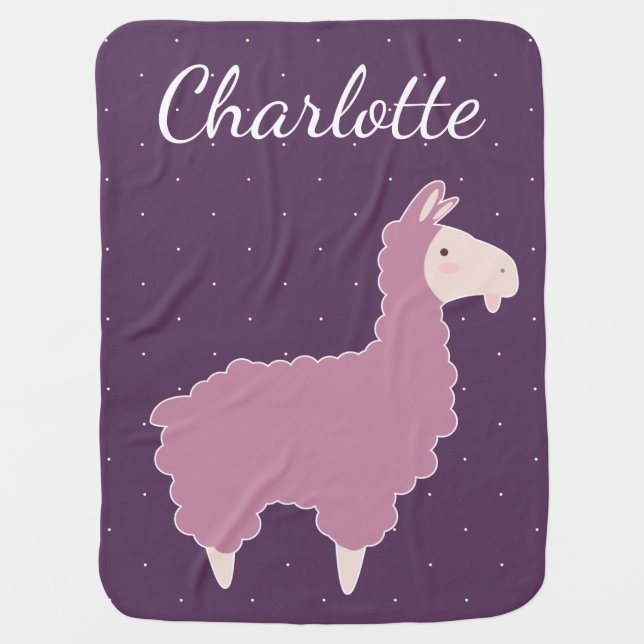 Cute Pink Baby Llama & White Dots Baby's Name Swaddle Blanket (Front)