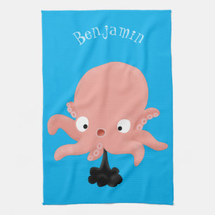 Cute pink baby octopus cartoon humour kitchen towel