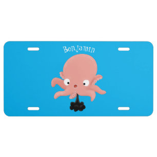 Cute pink baby octopus cartoon humour license plate