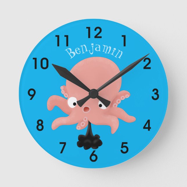 Cute pink baby octopus cartoon humour round clock (Front)