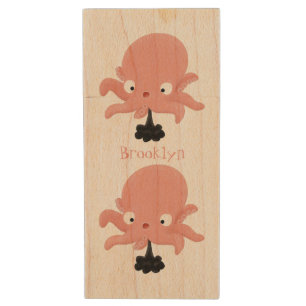 Cute pink baby octopus cartoon humour wood flash drive