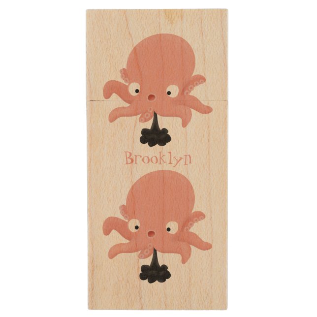 Cute pink baby octopus cartoon humour wood flash drive (Front Vertical)
